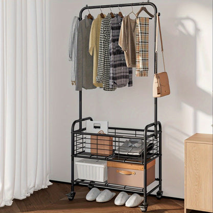 Rolling Laundry Basket with Wheels and Hanging Rack, Laundry Sorter Cart with Shelf and Locking Casters, Heavy Duty Steel Frame, Multifunctional Clothes Hamper for Laundry Room Bedroom Bathroom, White Black Silver
