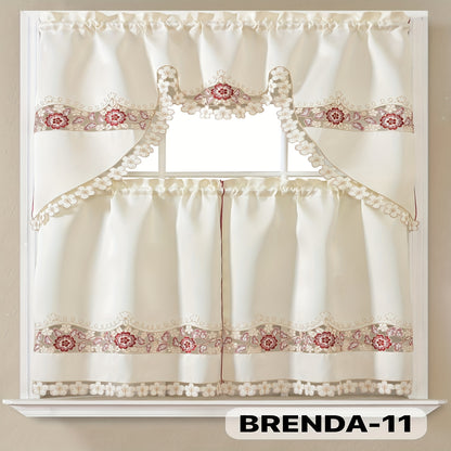 Kitchen Curtains 3 Piece Set Embroidered Satin Valance and Tiers - Rod Pocket Light Filtering Machine Washable 46 Colors Available All Season Home Decor