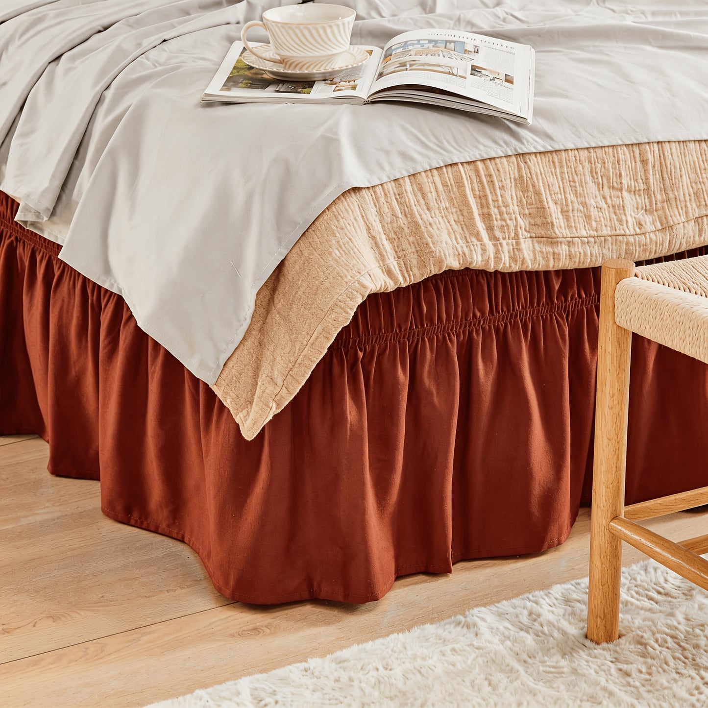 Bed Skirt with Adjustable Elastic Belt - Ruffle Microfiber Dust Ruffle 15 Inch Drop, Hotel Quality, Fade Resistant, Machine Washable, Easy Wrap Fit