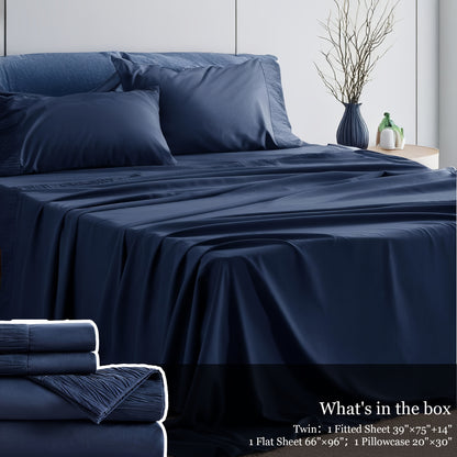 Bed Sheet Set 4-Piece Soft Breathable Cooling Sheets - Flat Sheet, Fitted Sheet & 2 Pillowcases, Wrinkle-Free Hotel Luxury Bedding, All Season Comfort