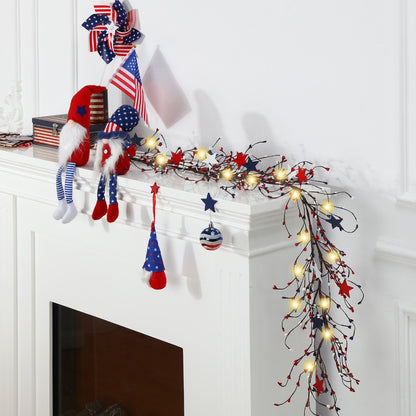 4th of July Garland with Fairy Lights 4.5Ft Patriotic Red White Blue Garland with 30 LED Lights Metal Stars Berry Branches Independence Day Door Decor Mantle Wreath Ornament