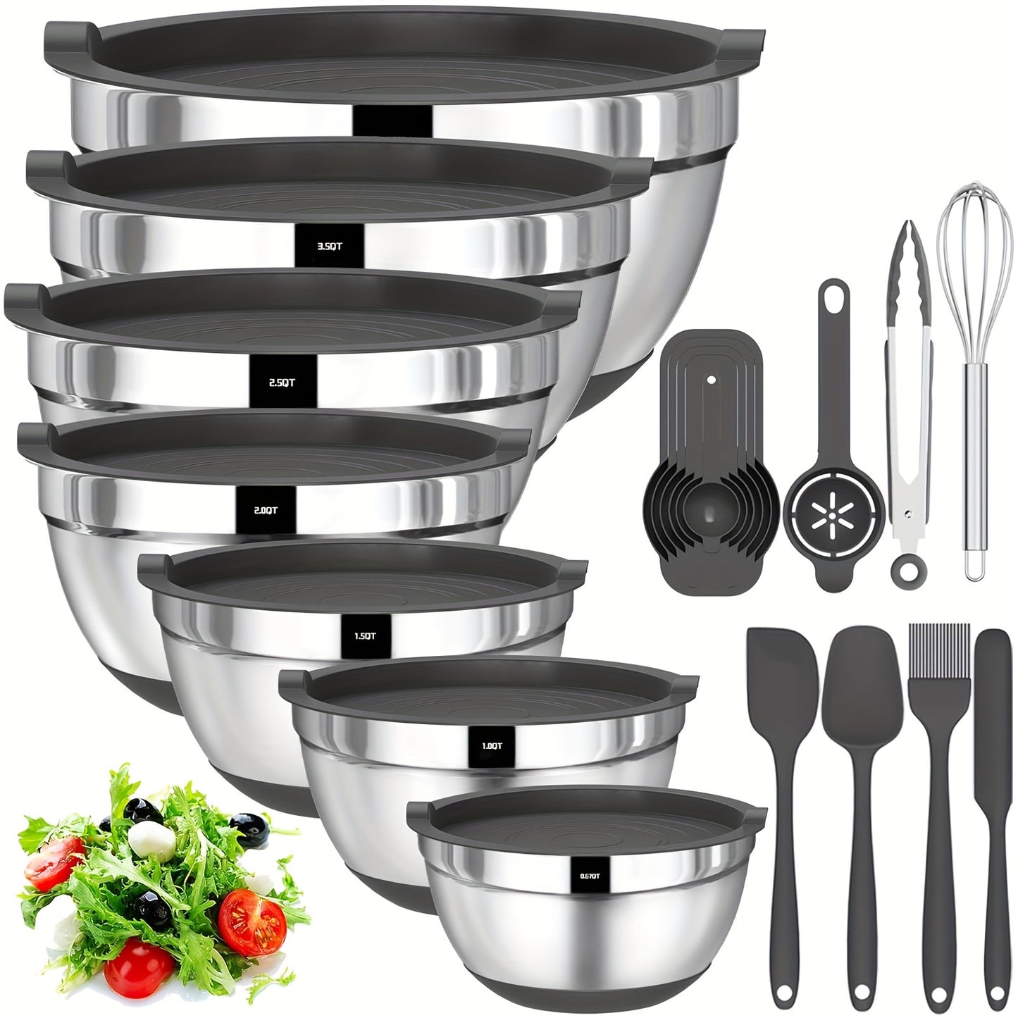 Stainless Steel Mixing Bowls with Airtight Lids 20-Piece Set – Non-Slip Silicone Bottom, Nesting Bowls in 7 Sizes (0.67–7 QT) for Mixing, Baking & Serving – Kitchen Bowl Set with Lids