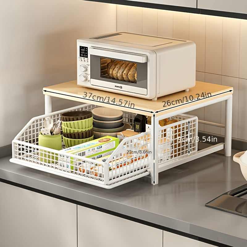 2-Tier Kitchen Countertop Organizer with Drawer & Wire Basket – Hardwood & Metal Storage Shelf for Coffee Maker, Utensils & Spices