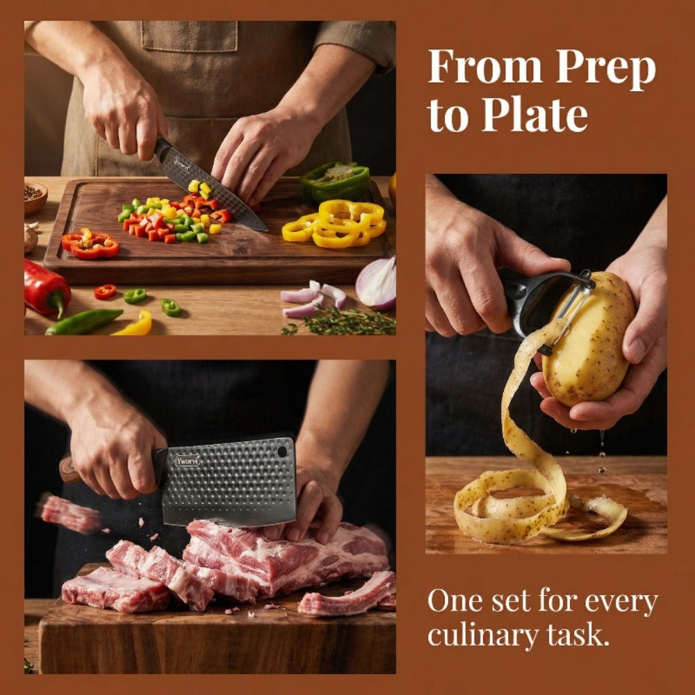 Chef Knife Set 7 Piece High Carbon Stainless Steel Ultra Sharp – Anti-Stick Ergonomic PP Handle, Includes Slicing Knife, Scraper, Scissors & Whetstone, Gift Box for Home, Family & Travel