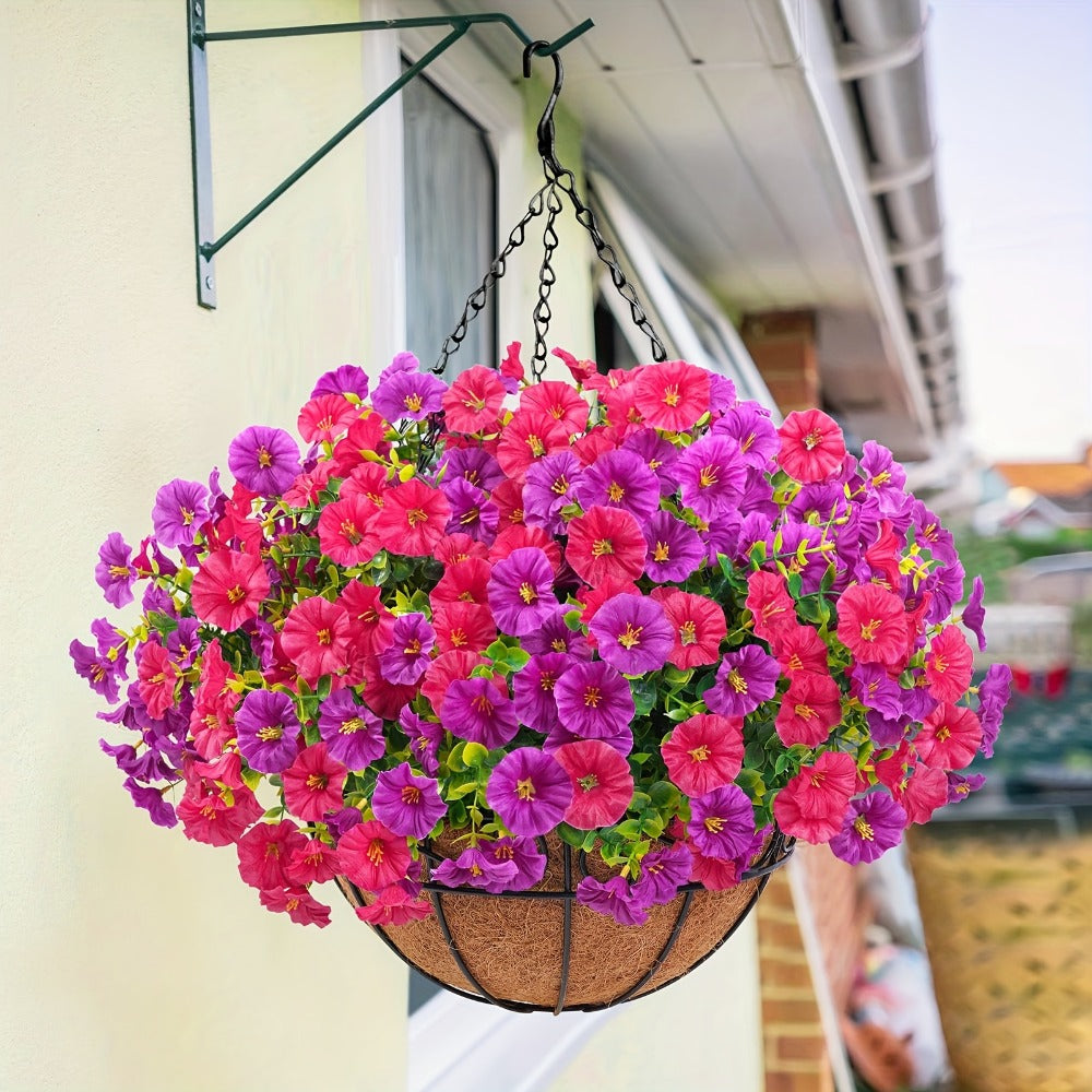 Artificial Hanging Flowers Outdoor UV-Resistant Fake Petunias with Planter Basket – Realistic Faux Hanging Plants for Garden Patio Porch Balcony Railing Decor
