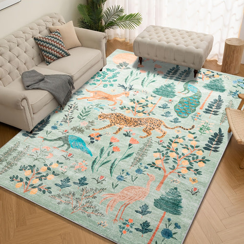 Area Rug 8x10 Ft Soft Non-Slip Machine Washable Large Floor Rug with Floral Forest Animal Patterns for Living Room Bedroom Home Decor – Durable Easy Clean Indoor Carpet