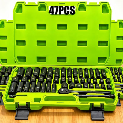 Impact Socket Set – 53-Piece Tool Set, 47-Piece 3/8" Drive & 34-Piece 1/2" Drive, SAE & Metric Sizes, 6-Point CR-V with Ratchet Handle, Extension Rod & Connector for Auto Repair & DIY