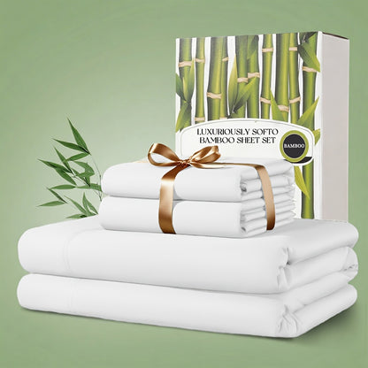 Bamboo Bed Sheet Set 4pcs 2200TC Deep Pocket Cooling Fitted Sheets – Ultra Soft, Breathable, Shrink & Wrinkle Resistant