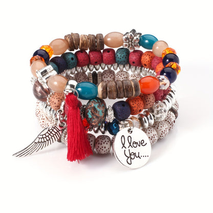 Bohemian Beaded Bracelet Set 24pcs – Multi-Layer Wooden Bead Elastic Bracelets with Butterfly Elephant Tree Pendant, Handmade Colorful Tassel Wristbands for Women Men, Party Gift & Daily Wear