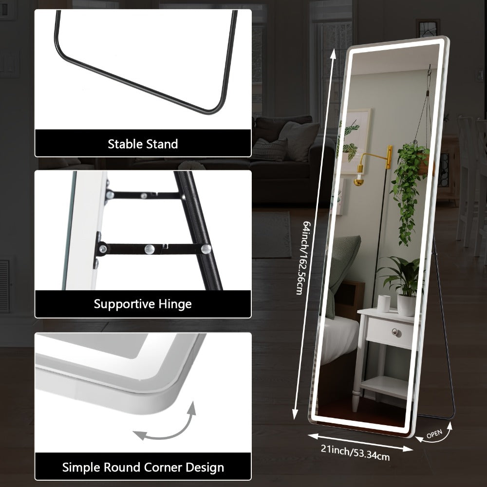 Full Length Mirror with LED Lights & Touch Sensor – 64"x21" Dimmable Smart Floor Mirror, Wall Mount or Freestanding, Slim Modern Frame for Bedroom, Vanity & Dressing Room