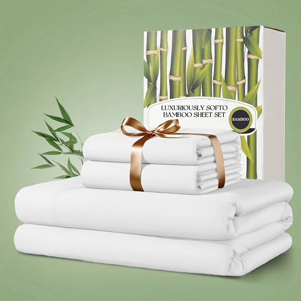 Bamboo Bed Sheet Set 4pcs 2200TC Deep Pocket Cooling Fitted Sheets – Ultra Soft, Breathable, Shrink & Wrinkle Resistant
