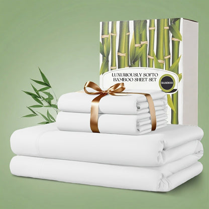 Bamboo Bed Sheet Set 4pcs 2200TC Deep Pocket Cooling Fitted Sheets – Ultra Soft, Breathable, Shrink & Wrinkle Resistant