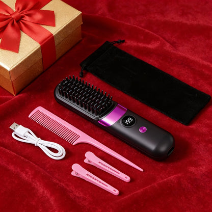 Wireless Hair Straightener Comb USB Rechargeable | Cordless Straightening Brush with Negative Ion, 3-Speed Temp Control, LED Display – Travel Hair Styler