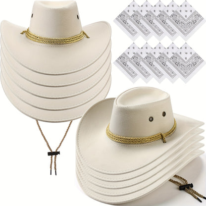 Cowboy Hat and Bandana Set 10-Pack | Bulk Cowgirl Western Hats with Polyester Bandanas for Adults Costume Party Halloween Birthday Rodeo Country Theme Events
