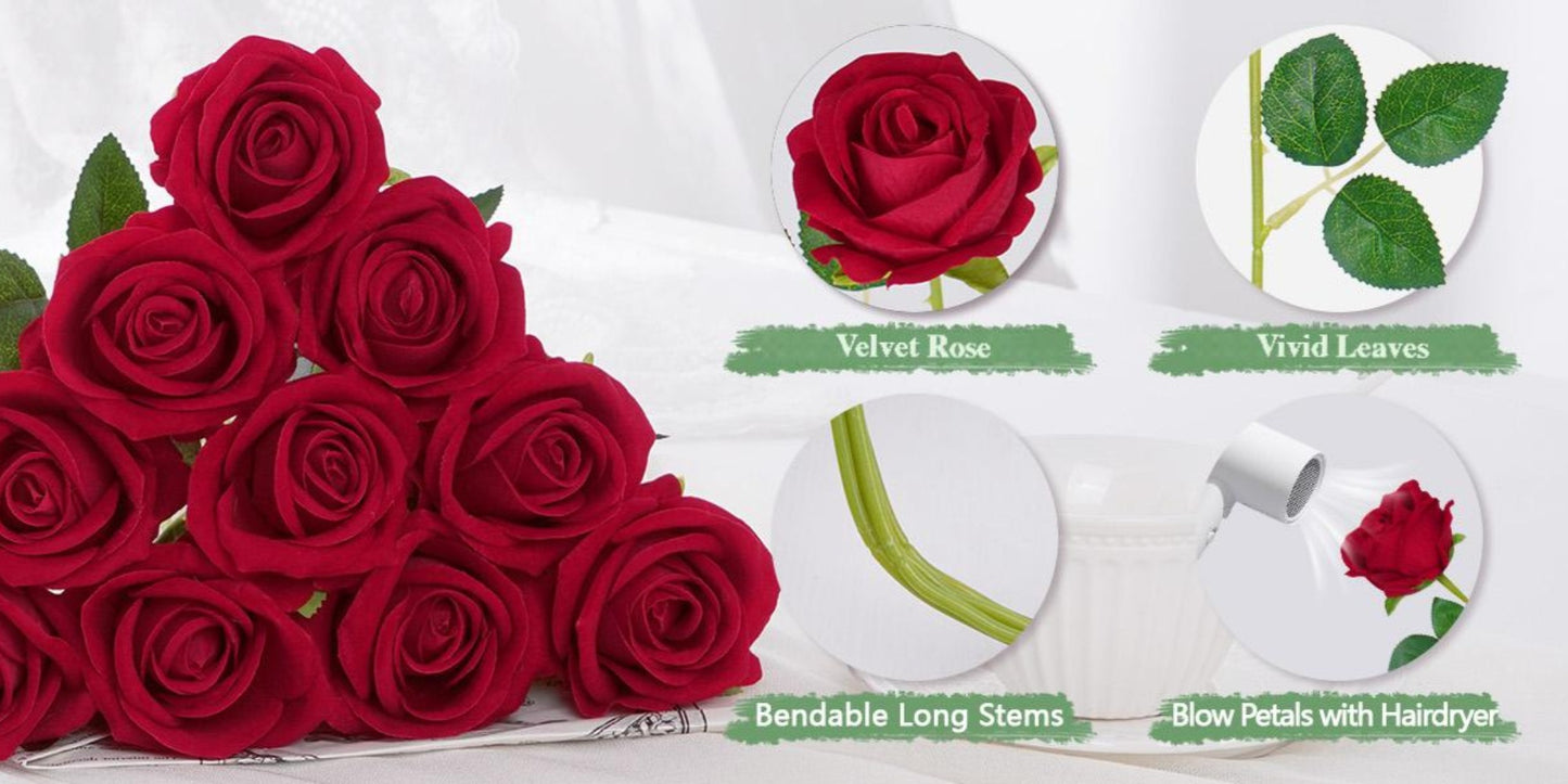 Artificial Roses Bulk with Long Stems – Real Touch Velvet Fake Flowers for Wedding Bouquet, Bridal Centerpiece, Valentine's Day, Mother's Day, Home Decor (50/100pcs, Multi Colors)