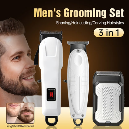 Men's Hair Clipper Set Cordless Beard Trimmer Electric Shaver Grooming Kit with LCD Display USB-C Rechargeable for Home Barber Haircut Mustache Travel Father's Day Gift