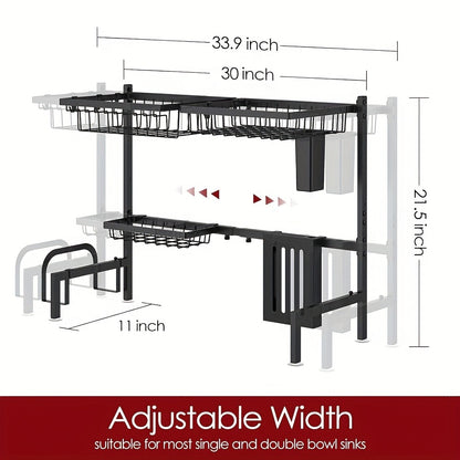Over-the-Sink Dish Drying Rack Expandable 2-Tier 304 Stainless Steel Adjustable 30-34 Inch with Utensil Holder Knife Holder Cutting Board Holder and 5 Hooks for Kitchen