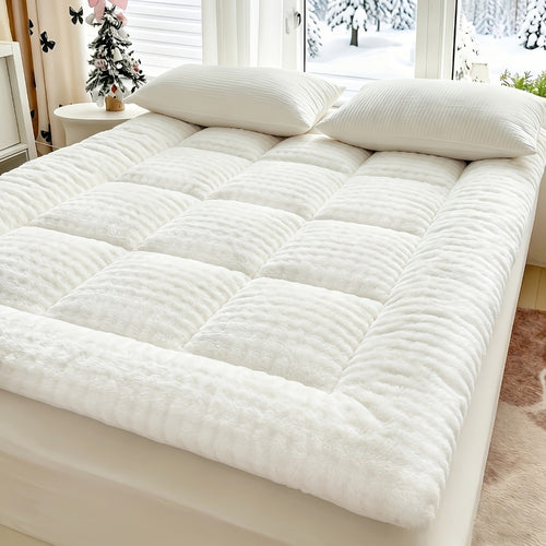 Quilted Mattress Topper Fluffy Flannel Bubble – Breathable Fiber Fill Foldable Sleeping Pad 2.36–3.15" Thick for Twin Full Queen King Bed
