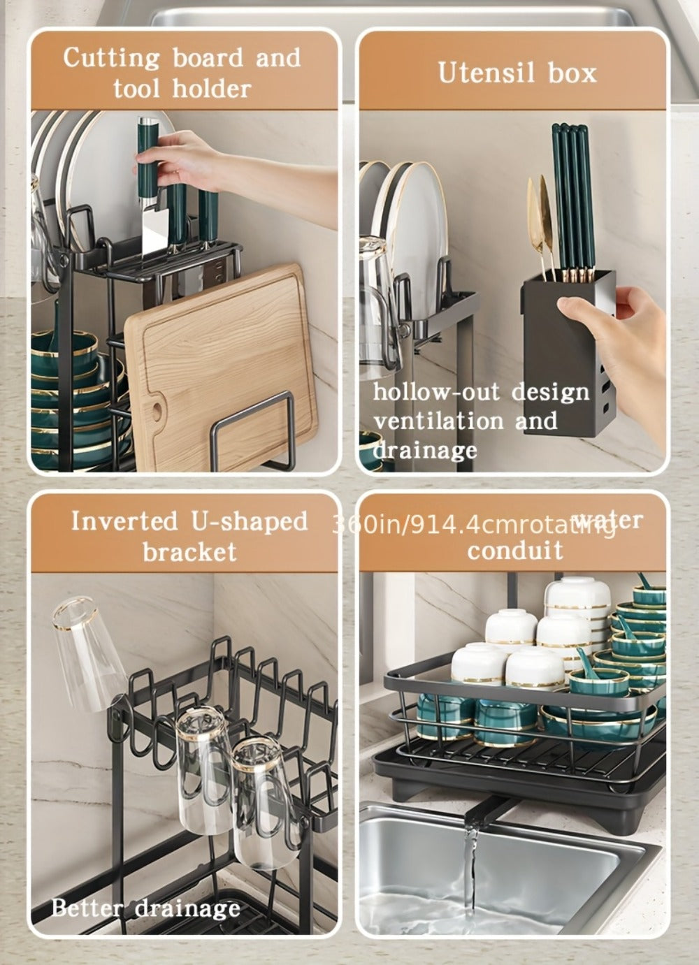 2-Tier Metal Dish Drying Rack with Cutlery Holder Cup Holder & Rust-Proof Drip Tray – Space Saving Countertop Kitchen Organizer