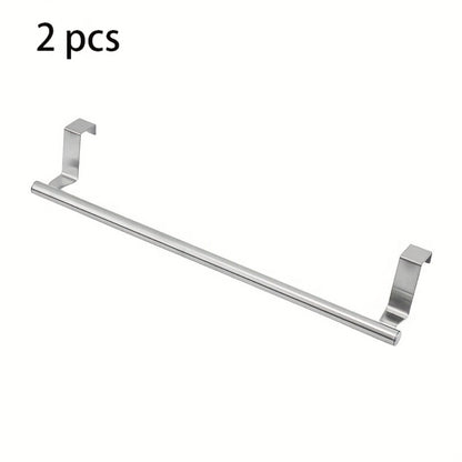 Cabinet Door Towel Bar Stainless Steel 2pcs Set - Over the Door Hand Towel Hanger Rack No Drilling | Black Silver | Kitchen Bathroom Cupboard Dishcloth Organizer Bathroom Accessories