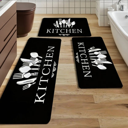 Kitchen Mat Set 3-Piece Alphabet Knife & Fork Pattern – Non-Slip Soft Washable Rugs for Kitchen, Dining Room & Bathroom