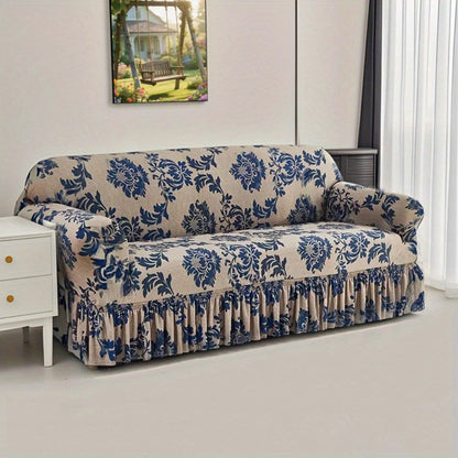 Stretch Sofa Cover Slipcover High-Stretch Fabric Ruffle Skirt Non-Slip Rod All-Season Snug Fit for 1 2 3 4 Seater Couch — Dark Blue with Pillow Cover