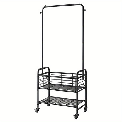 Rolling Laundry Basket with Wheels and Hanging Rack, Laundry Sorter Cart with Shelf and Locking Casters, Heavy Duty Steel Frame, Multifunctional Clothes Hamper for Laundry Room Bedroom Bathroom, White Black Silver