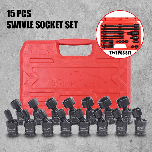 Impact Socket Set 3/8" Drive, 15-Piece Swivel Impact Universal Socket Set & 17+1 Piece Accessory Set, 8mm-22mm Cr-Mo Steel with Black Phosphate Finish, Professional Tool Kit for Home & Auto Repair