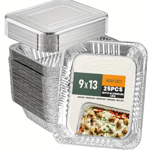 Disposable Aluminum Pans with Lids 25 Pack – 9x13 Half Size Heavy-Duty Foil Baking Trays for Roasting, Reheating & Cooking – Oven & Steam Table Safe, Chafing Dish Pans for Home & Commercial Use