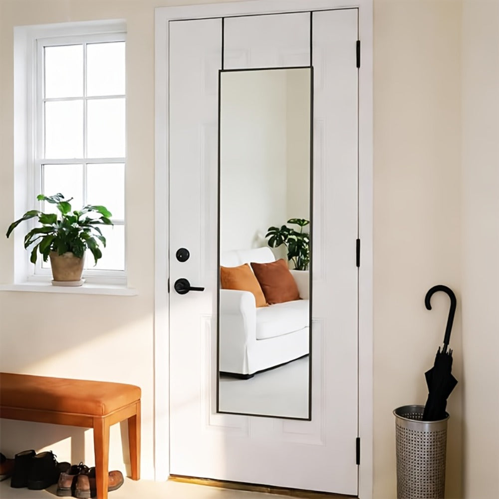 Full Length Mirror 47x14 – Over the Door or Wall Mounted Hanging Mirror, Aluminum Alloy Frame, Full Body Dressing Mirror for Bedroom, Living Room & Entryway, Arched & Rectangular, Black & Gold
