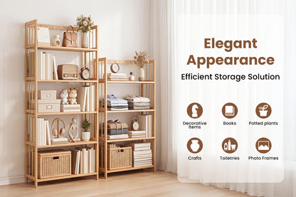 Bamboo Bookshelf Narrow 4 Tier Adjustable Shelves Wooden Bookcase Storage Shelf Organizer for Small Spaces Bedroom Living Room Home Office Standing Shelf