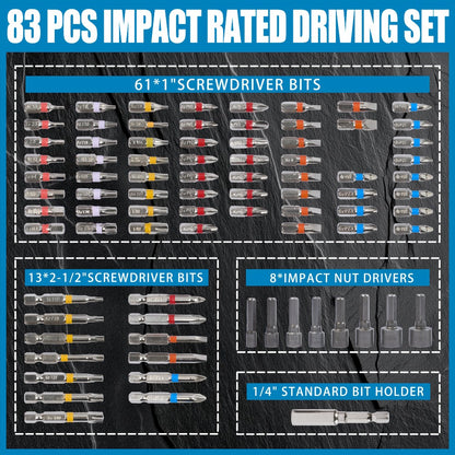 83-Piece Impact Driver Drill Bit Set S2 Steel Cross Slotted Square Star Hex Torx Bits with Magnetic Holder for Home Improvement DIY Projects