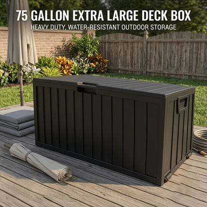 75 Gallon Outdoor Storage Box Waterproof Deck Box with Handles & Wheels – Large Patio Storage Cabinet for Pool Accessories, Garden Tools & Outdoor Furniture | Easy Assembly Lockable Deck Storage Chest