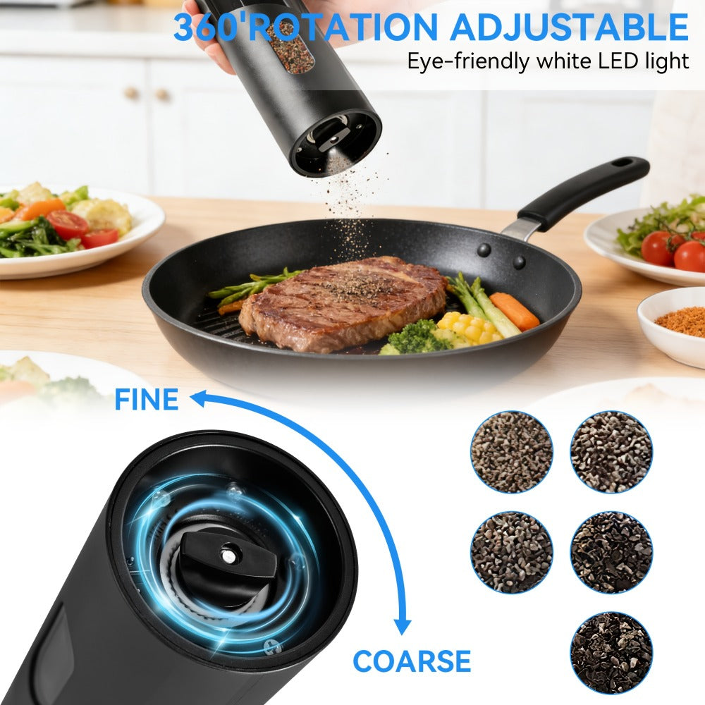 Electric Pepper Grinder Set of 2, Rechargeable with Charging Base, 6 Adjustable Coarseness Settings, Built-in LED Light & ABS Motor — Salt & Pepper Mill for Peppercorns & Spices, Brush Included