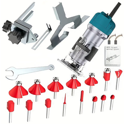 Wood Router Carving Machine Electric Trimmer – Wood Slotting, Drilling & Engraving Tool with Optional 15pc Milling Cutter Set, for Woodworking, Furniture Making & DIY Crafts