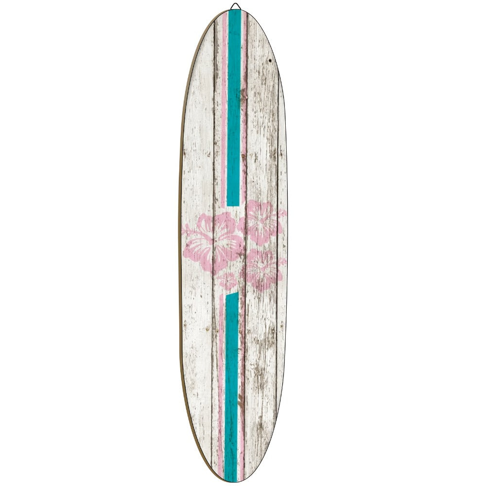 Wooden Surfboard Wall Art 15.74" – Rustic Tropical Beach Decor with Hibiscus & Tiki Mask Design, Frameless Recycled Wood Wall Hanging for Hawaiian Bar, Home, Summer & Vacation Theme Decor