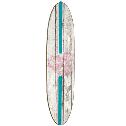 Wooden Surfboard Wall Art 15.74" – Rustic Tropical Beach Decor with Hibiscus & Tiki Mask Design, Frameless Recycled Wood Wall Hanging for Hawaiian Bar, Home, Summer & Vacation Theme Decor