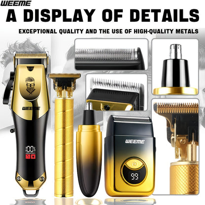 Men's Grooming Kit USB Rechargeable Hair Clipper Set with Nose Trimmer Electric Shaver Detail Trimmer 8 Limit Combs Professional Haircut Kit Father's Day Christmas Gift Gold