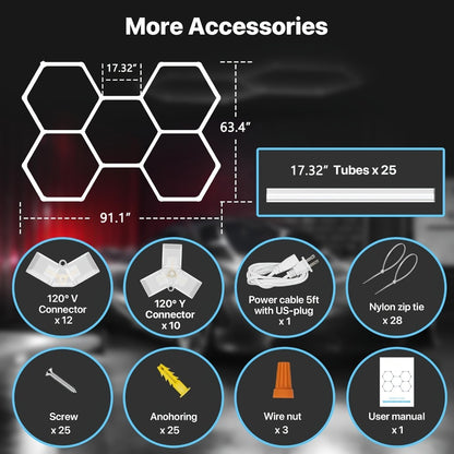 LED Hexagonal Garage Light 6500K – Super Bright Daylight White Shop Light 42W–620W for Auto Detailing, Warehouse, Workshop, Basement & Gym (1 to 32 Grids, Hex Frame Available)