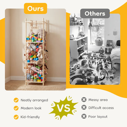 Wooden Stuffed Animal Storage Organizer for Kids Large Plush Toy Holder Zoo Space Saving Display Rack for Playroom Bedroom Nursery Natural White Pink