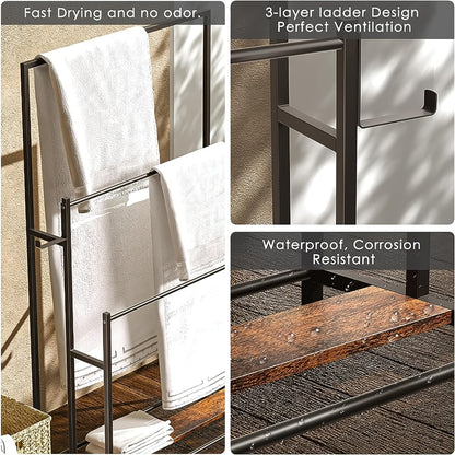 Towel Rack Freestanding 47 Inch Tall 3-Tier Floor Standing Towel Holder for Bathroom Bedroom Pool Outdoor - Oversized Bath Towel Drying Stand for Blankets Quilts Beach Towels Hot Tub Gym