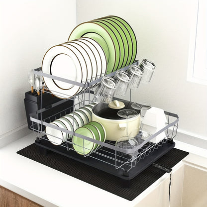 Dish Drying Rack 2-Tier Large Capacity Stainless Steel Detachable Dish Drainer for Kitchen Counter with Utensil Holder and Drain Board in Black White Gray