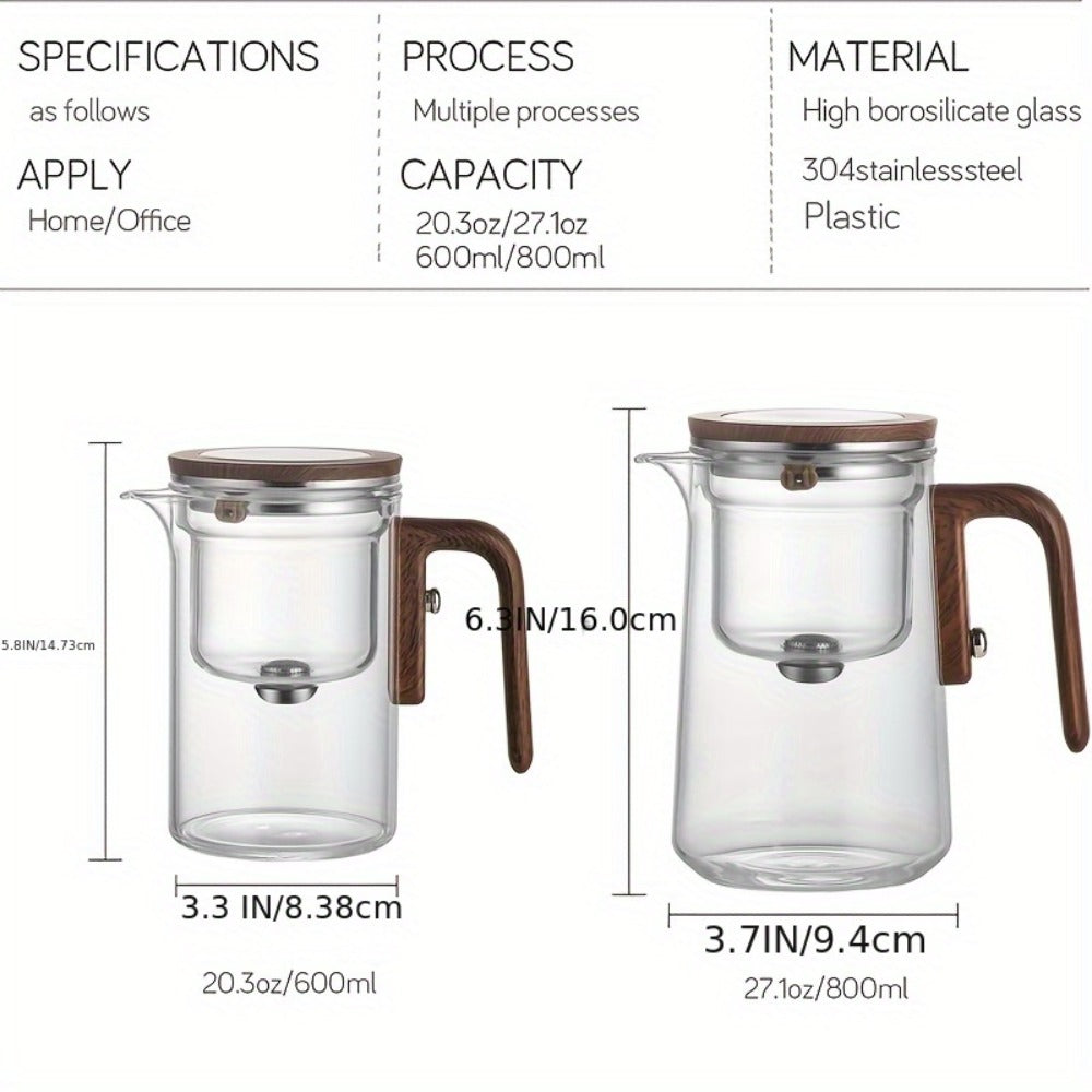 Glass Teapot with Infuser & Wooden Handle – Borosilicate Tea Kettle, One-Button Tea-Water Separation, Drip-Free Spout, 27oz for Loose Leaf & Blooming Tea, Holiday Gift for Men & Women