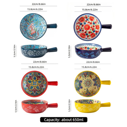 Ceramic Salad Bowl Set of 4 Bohemian Style 8.7 Inch with Handles Microwave and Oven Safe Colorful Serving Bowls for Home Baking Table Serving Gift