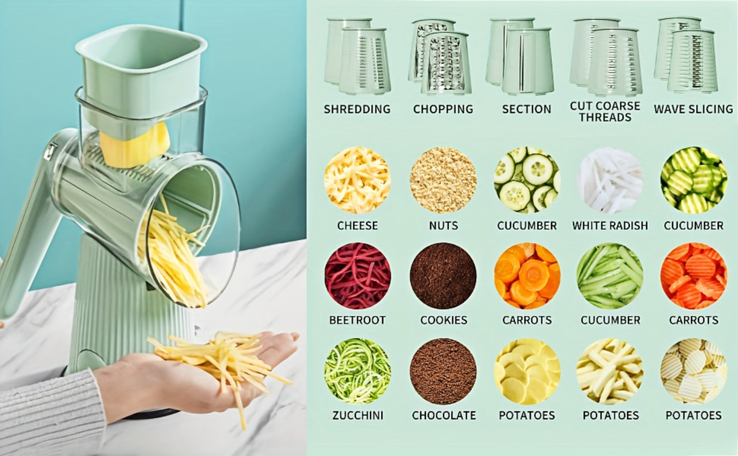 Rotary Cheese Grater with Interchangeable Blades – 5-in-1 Manual Vegetable Slicer Shredder Set, Suction Cup Base, Easy to Clean, Multifunctional Kitchen Tool for Fruits, Vegetables & Nuts