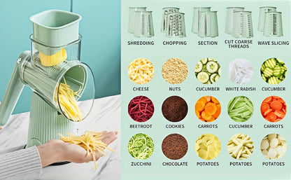 Rotary Cheese Grater with Interchangeable Blades – 5-in-1 Manual Vegetable Slicer Shredder Set, Suction Cup Base, Easy to Clean, Multifunctional Kitchen Tool for Fruits, Vegetables & Nuts