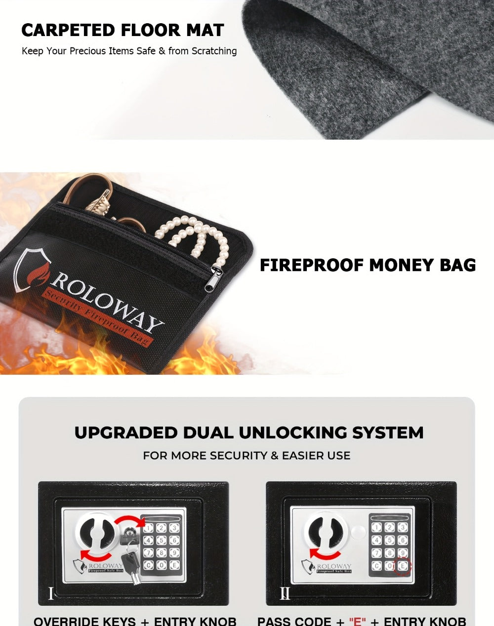 Fireproof Safe Box with Keyboard Lock – ROLOWAY Home & Office Security Safe with Fireproof Bag, Multiple Sizes, Black & Pink Options
