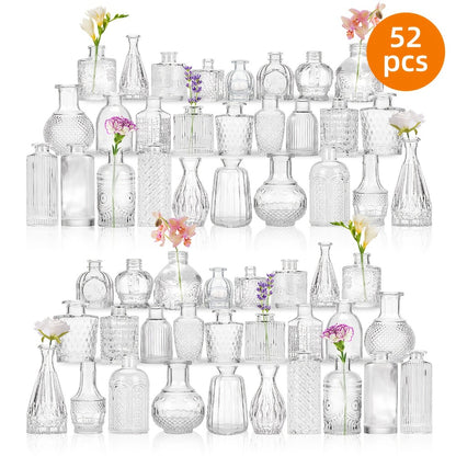 Mini Clear Bud Vases Bulk Set 12/30/43/52pcs – Small Glass-Look Flower Vases for Wedding Centerpieces, Birthday Party, Anniversary, Home Table Decor, Multiple Sizes