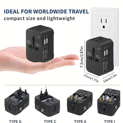 Universal Travel Adapter with Surge Protection - 2 USB & Type-C Ports, All-in-One International Plug for 350+ Countries, 100-240V Input, Fast Charging, Compact Lightweight Design, White & Black