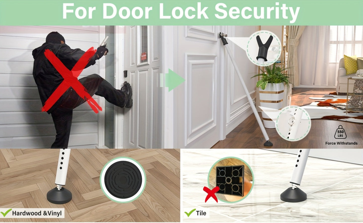 Door Security Bar Adjustable 28-45 Inch – Heavy Duty Door Barricade Bar with Anti-Slip Base, Fits Standard & Sliding Doors, Windows, Apartments, Hotels – Home Security Door Stopper Jammer 1 or 2 Pack